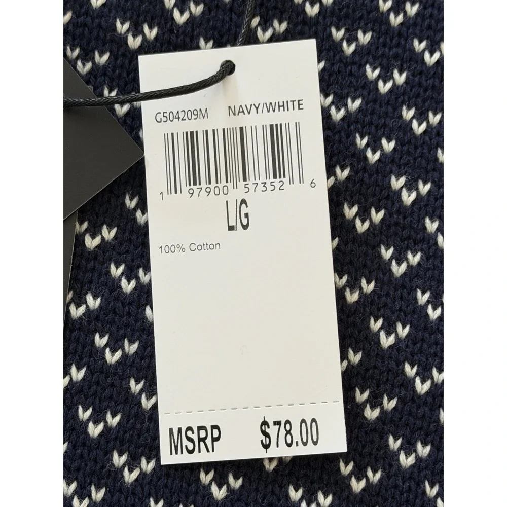Magaschoni Men's Large Cotton Knit‎ Crewneck Sweater Navy Patterned Chunky Warm